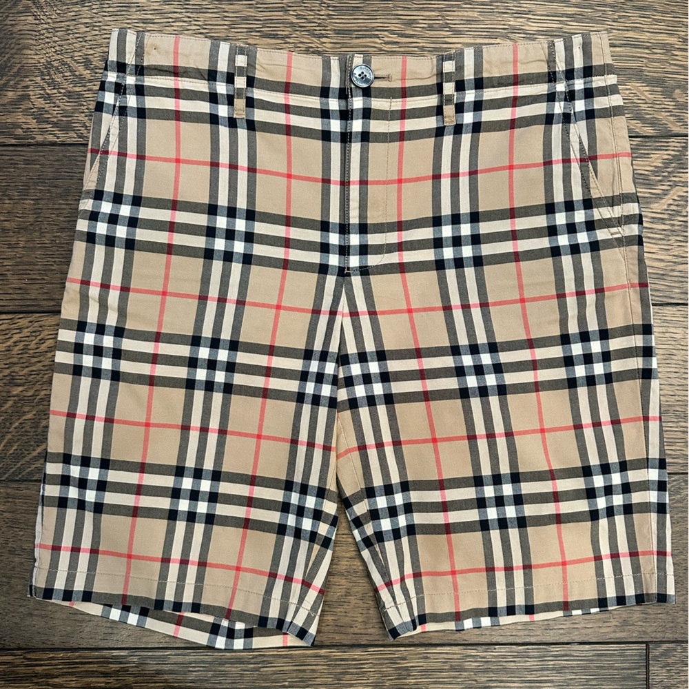 Burberry Tristen Checkered Shorts in Beige, Black, and Red. Sz 12Y